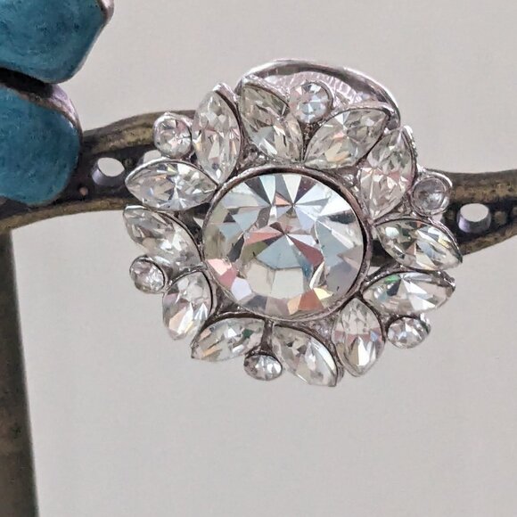 Vintage Signed GIVENCHY Clear Crystal Rhinestone Floral Flower Clip On Earrings